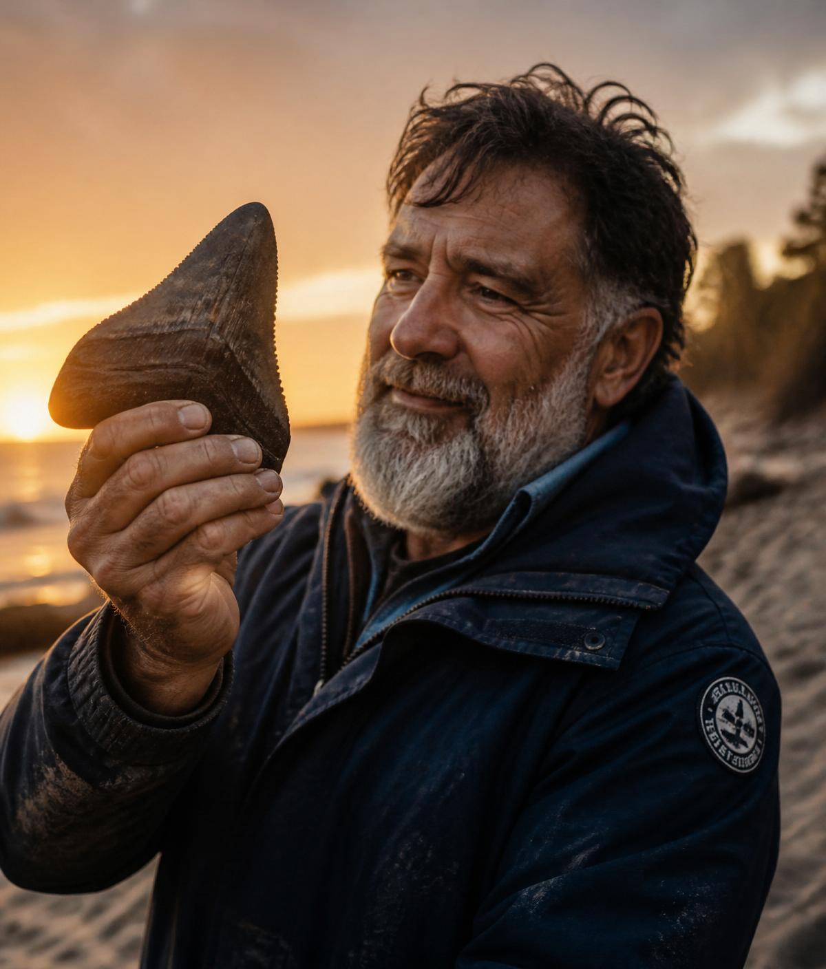 A weathered fossil collector inspects a megalodon tooth on a Carolina beach at golden hour
