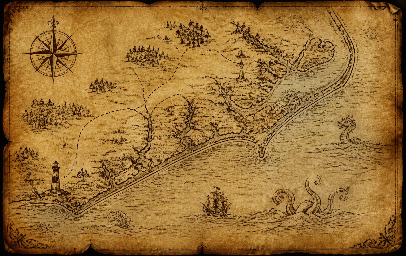 Hand-drawn parchment map of the North Carolina Crystal Coast